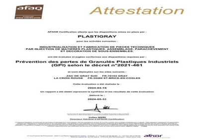 Attestation Prévention des pertes de Granulés Plastiques Industriels (GPI)